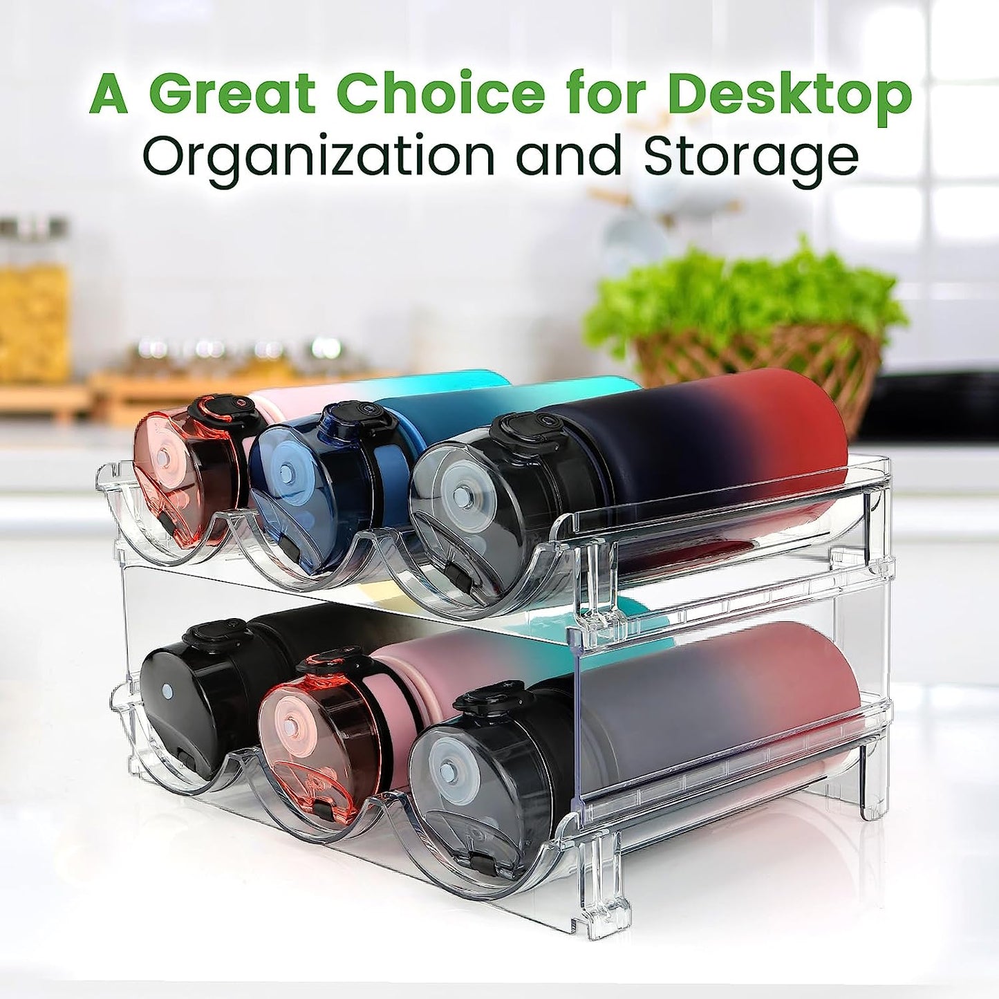 Effortless Water Bottle Organization: Stackable 2-Pack Storage Rack for Cabinets and Refrigerators