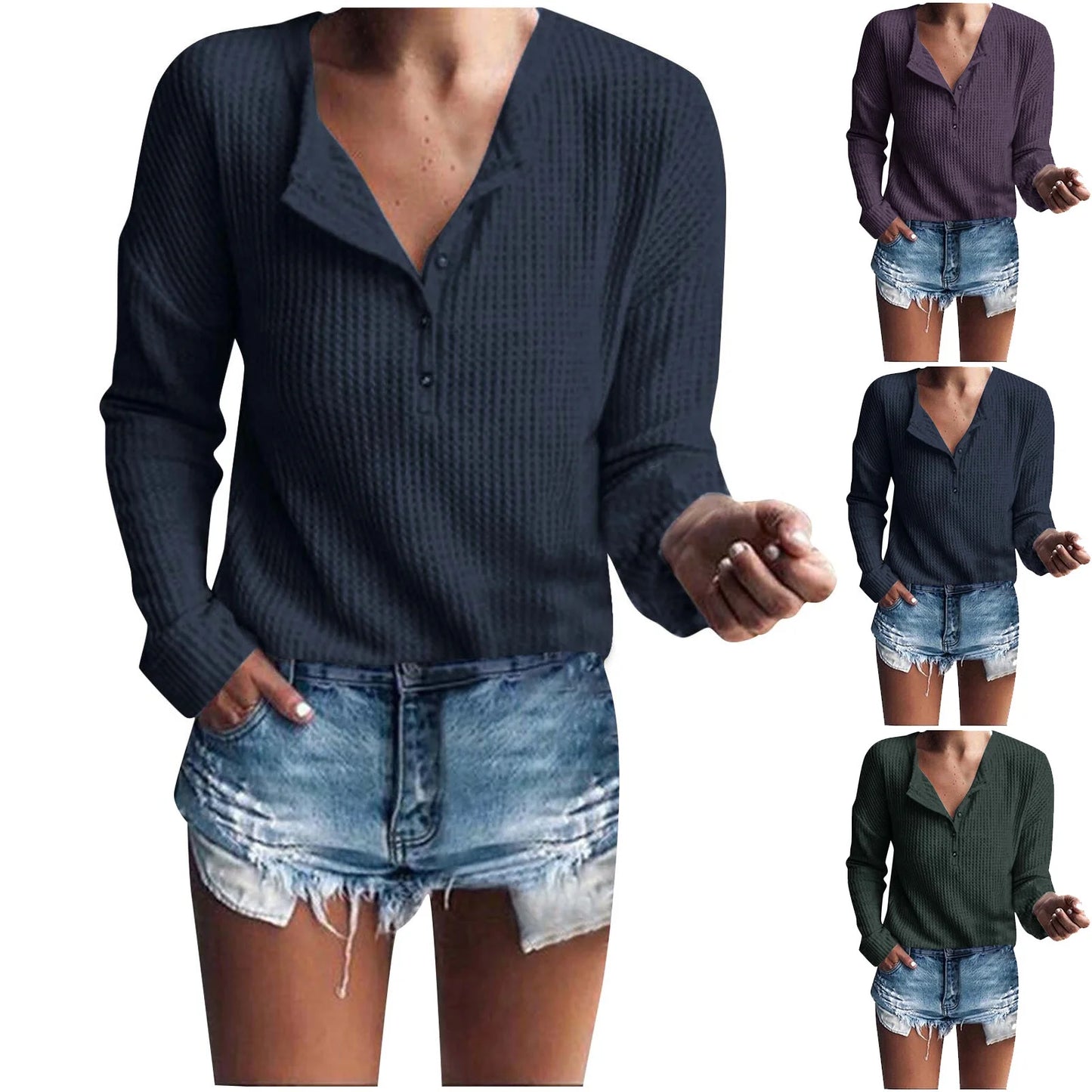 Womens Waffle Knit Tunic Top Long Sleeve V Neck Button up Casual Tops Ribbed Solid Color Henley T Shirts Blouse
