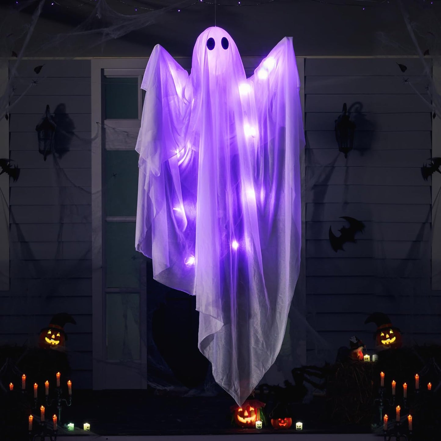 Halloween Hanging Light up Ghost with Spooky Warm White LED Light, 47”