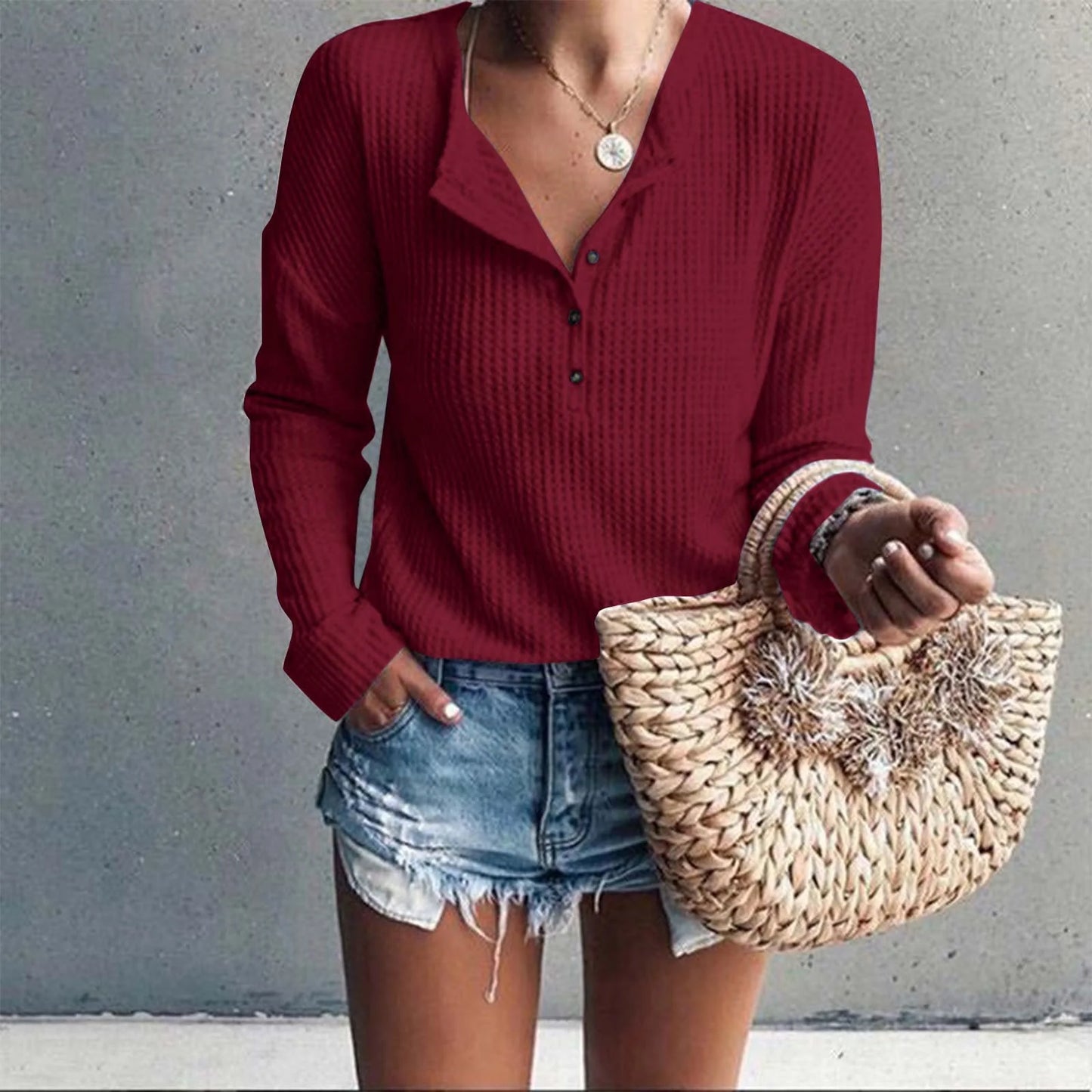 Womens Waffle Knit Tunic Top Long Sleeve V Neck Button up Casual Tops Ribbed Solid Color Henley T Shirts Blouse