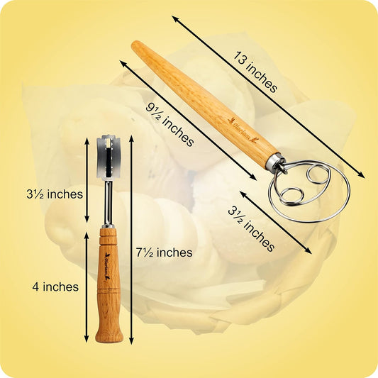 Danish Dough Whisk Pastry Mixer and Bread Lame Tool Set, Hand Crafted Dough Scoring with Five Replaceable Blades by - Premium Stainless Steel Mixer - Ideal for Artisan Bread Baking