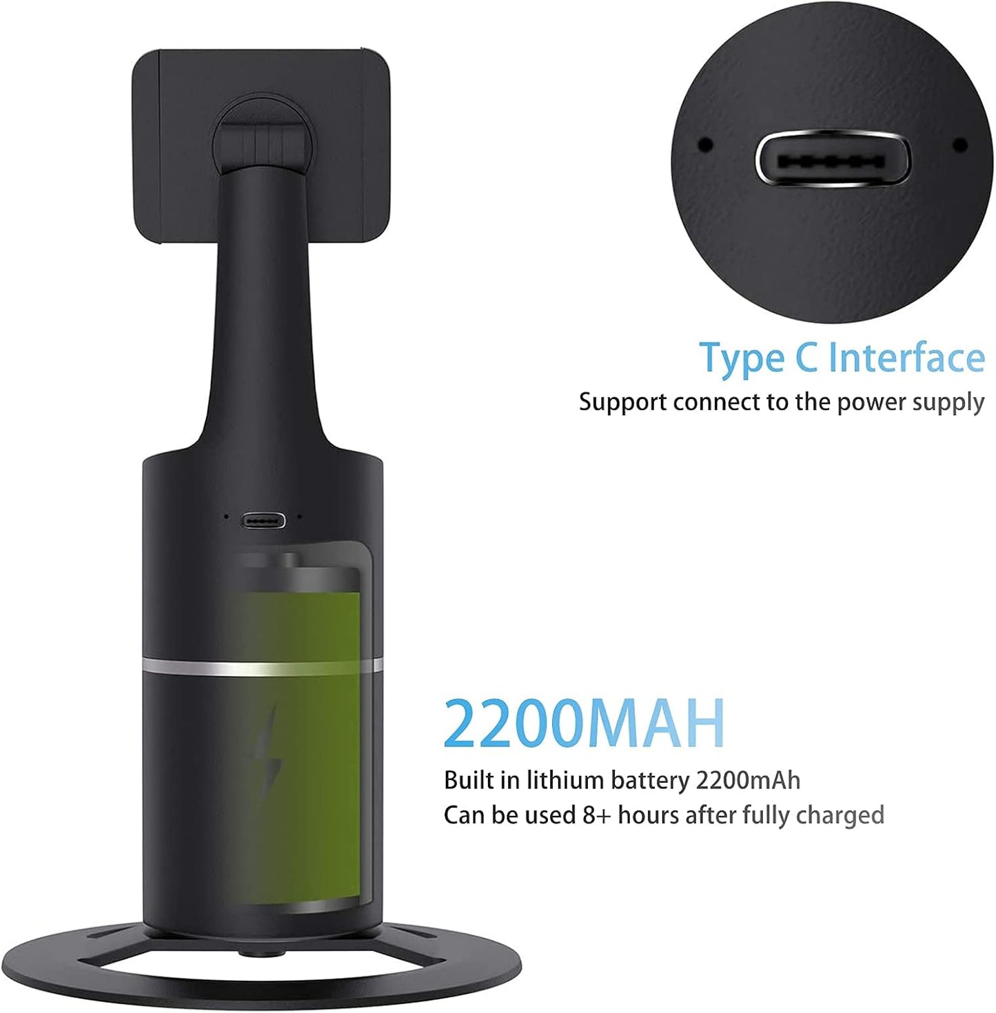 Auto Face Tracking Phone Holder 360 Tripod Phone Or Camera Mount, Selfie Stick No App, Battery Operated Smart Shooting Holder for Live Vlog Shooting (Black)