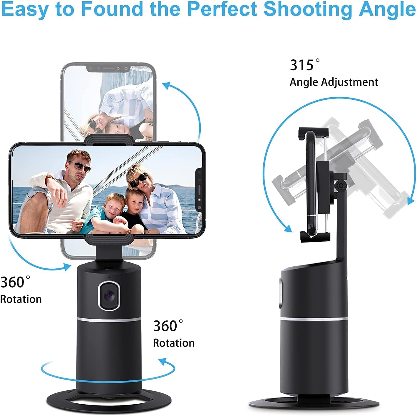 Auto Face Tracking Phone Holder 360 Tripod Phone Or Camera Mount, Selfie Stick No App, Battery Operated Smart Shooting Holder for Live Vlog Shooting (Black)