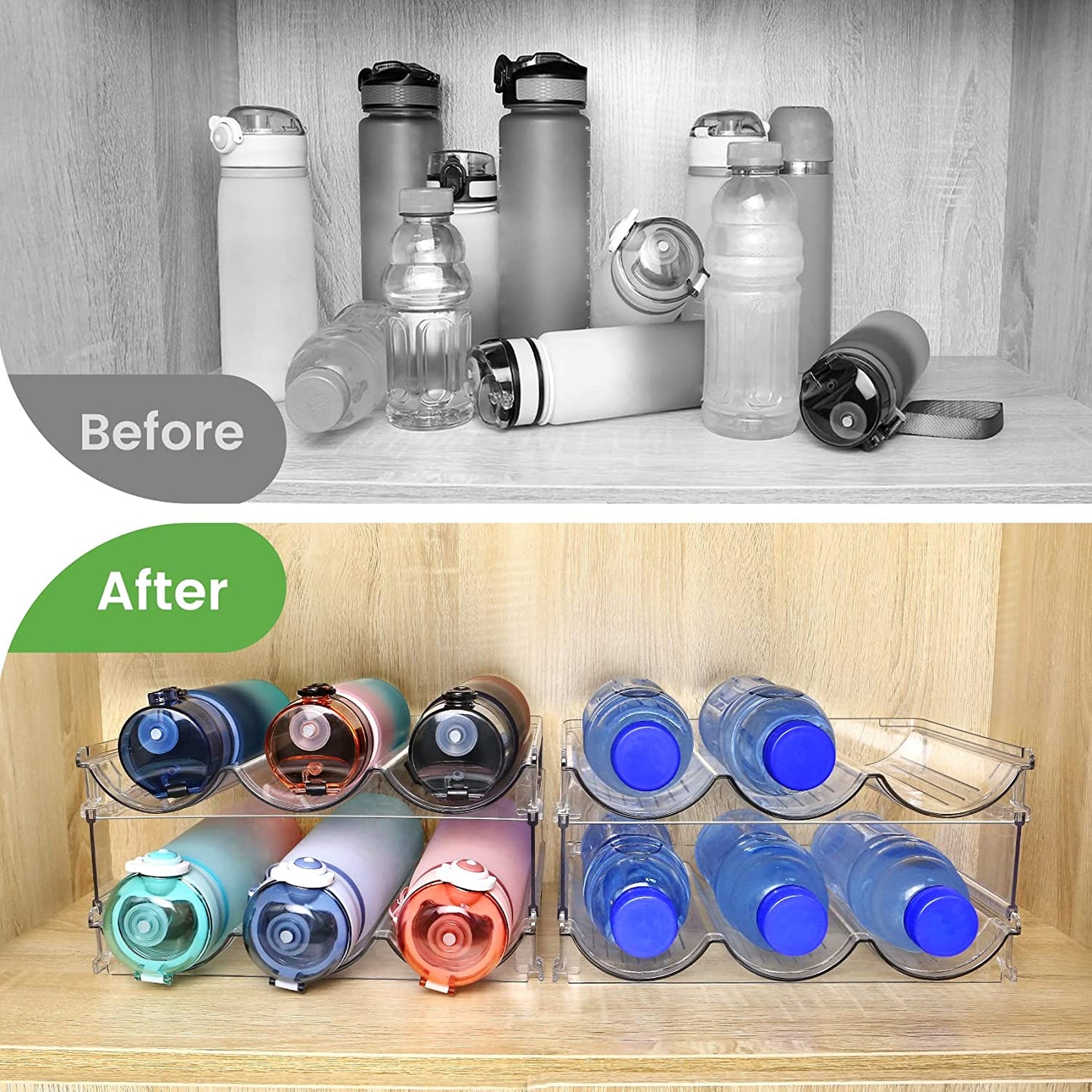 Effortless Water Bottle Organization: Stackable 2-Pack Storage Rack for Cabinets and Refrigerators