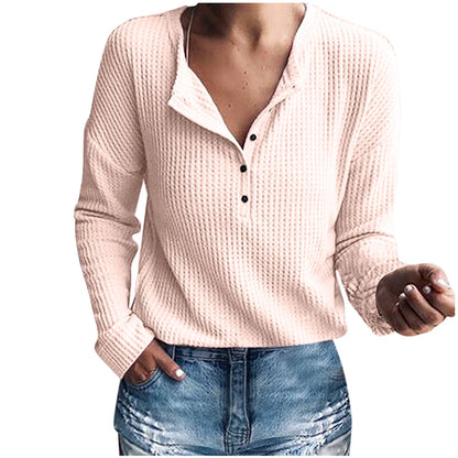 Womens Waffle Knit Tunic Top Long Sleeve V Neck Button up Casual Tops Ribbed Solid Color Henley T Shirts Blouse