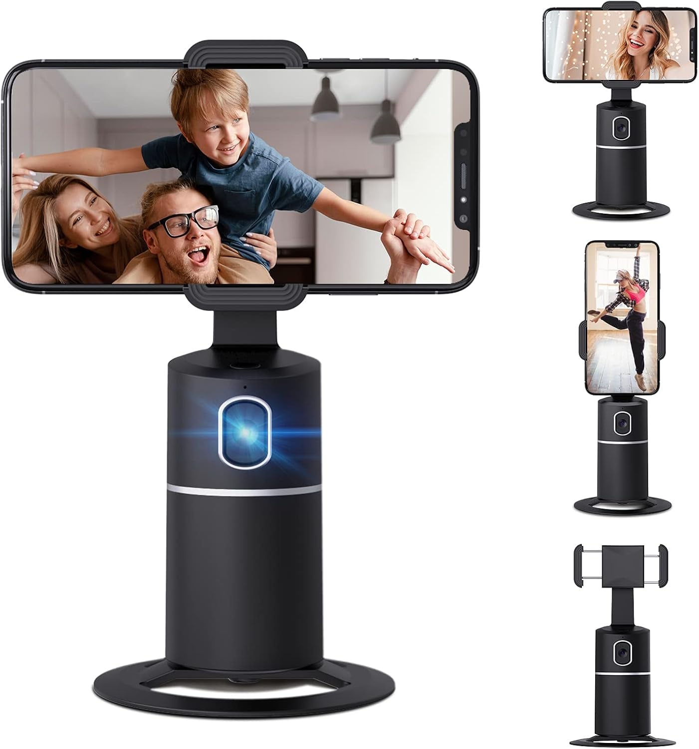 Auto Face Tracking Phone Holder 360 Tripod Phone Or Camera Mount, Selfie Stick No App, Battery Operated Smart Shooting Holder for Live Vlog Shooting (Black)