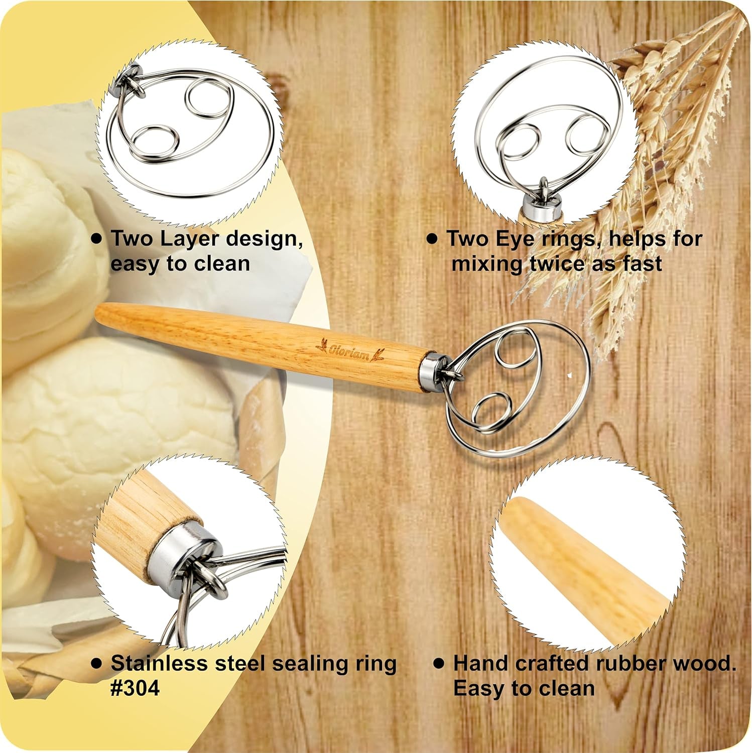 Danish Dough Whisk Pastry Mixer and Bread Lame Tool Set, Hand Crafted Dough Scoring with Five Replaceable Blades by  - Premium Stainless Steel Mixer - Ideal for Artisan Bread Baking