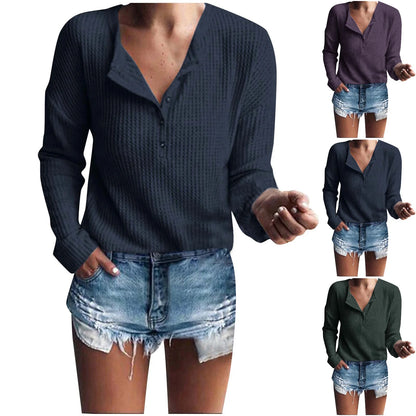 Womens Waffle Knit Tunic Top Long Sleeve V Neck Button up Casual Tops Ribbed Solid Color Henley T Shirts Blouse