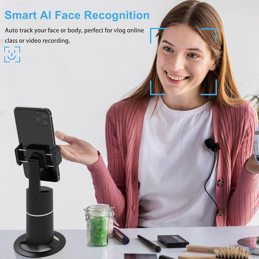 Auto Face Tracking Phone Holder 360 Tripod Phone Or Camera Mount, Selfie Stick No App, Battery Operated Smart Shooting Holder for Live Vlog Shooting (Black)