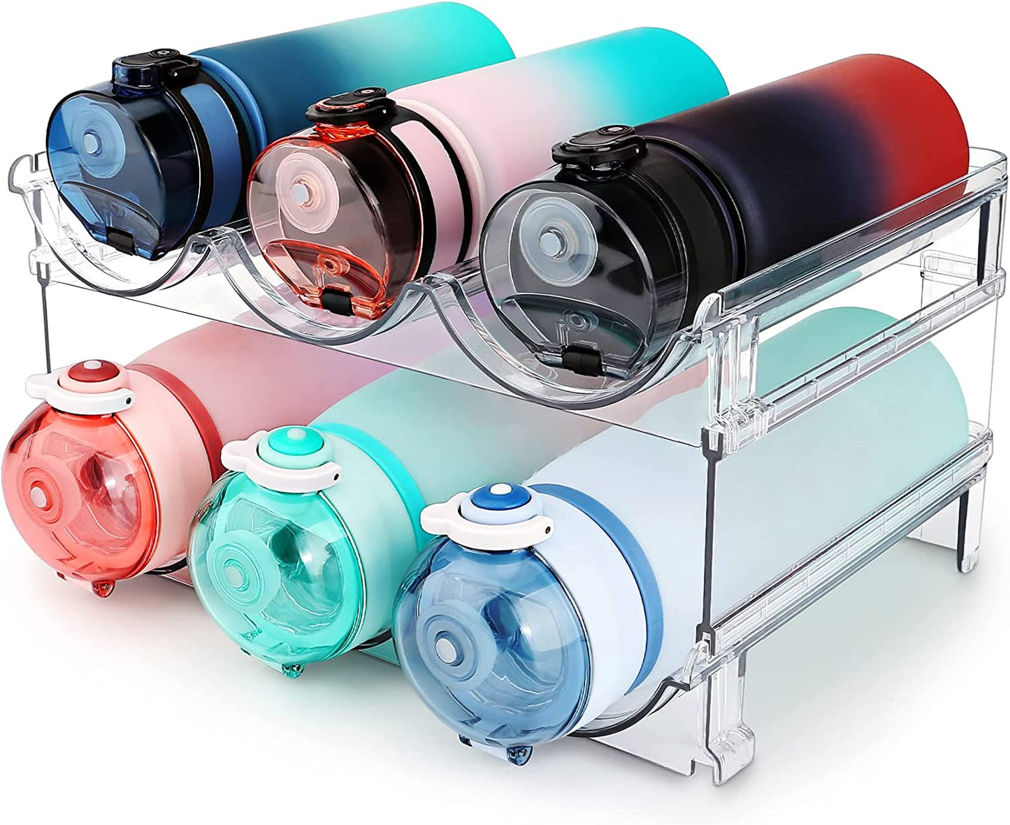 Effortless Water Bottle Organization: Stackable 2-Pack Storage Rack for Cabinets and Refrigerators