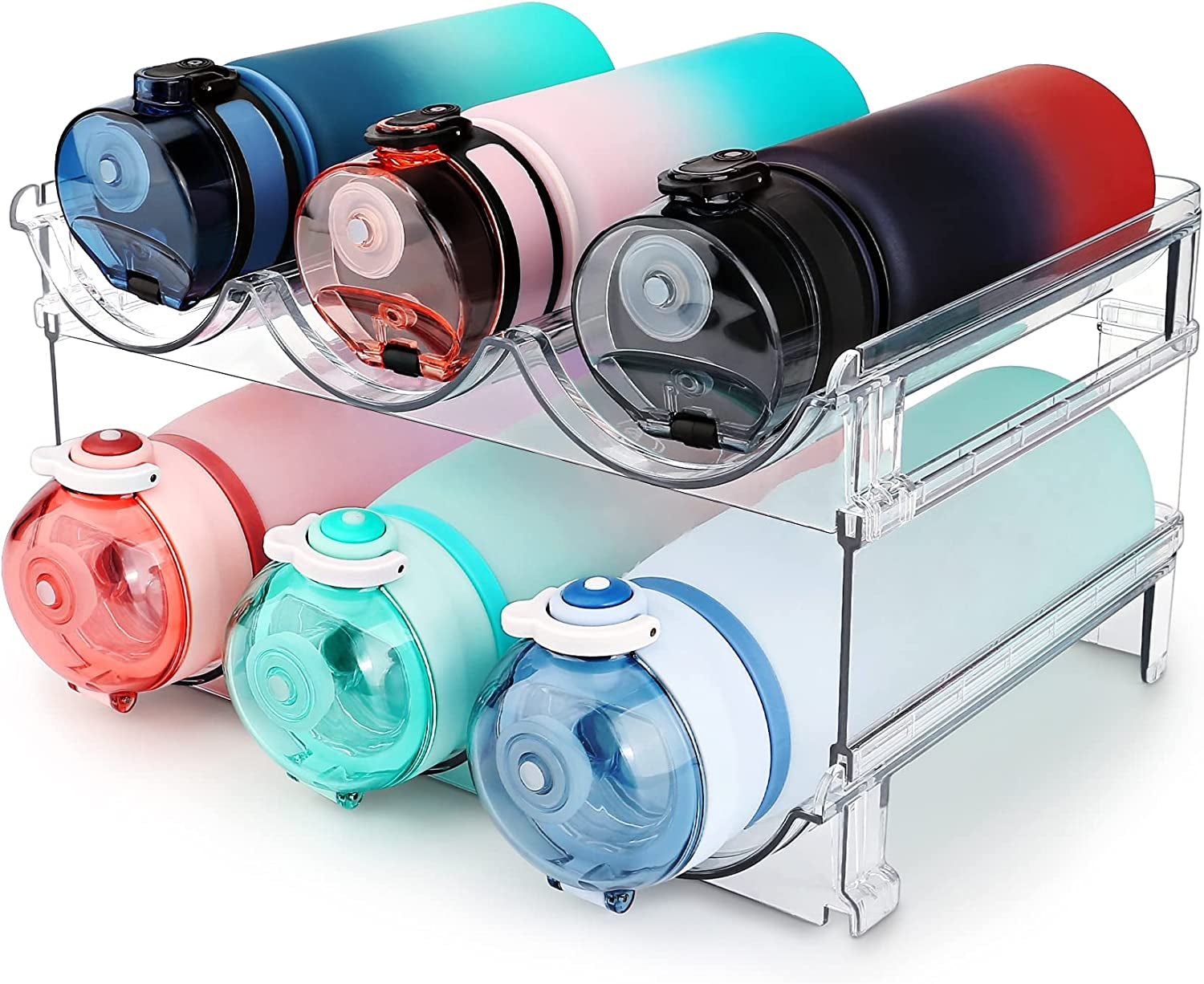 Effortless Water Bottle Organization: Stackable 2-Pack Storage Rack for Cabinets and Refrigerators