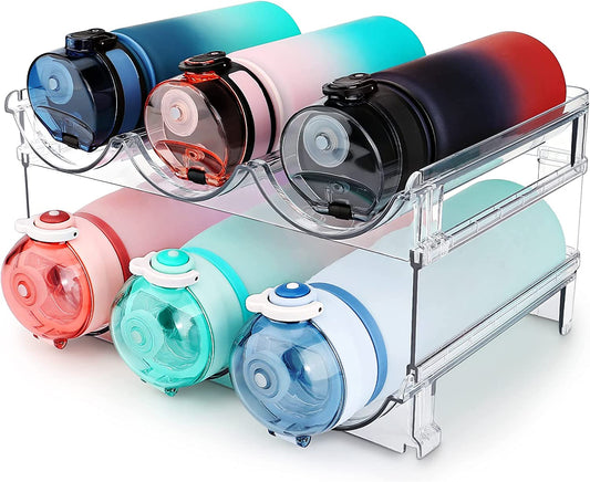 Effortless Water Bottle Organization: Stackable 2-Pack Storage Rack for Cabinets and Refrigerators