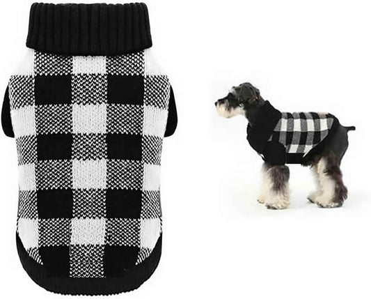 Cozy Up Your Pup This Holiday Season with the White Black Plaid Christmas Dog Sweater - Warm Turtleneck Knitwear for Small Dogs and Cats!