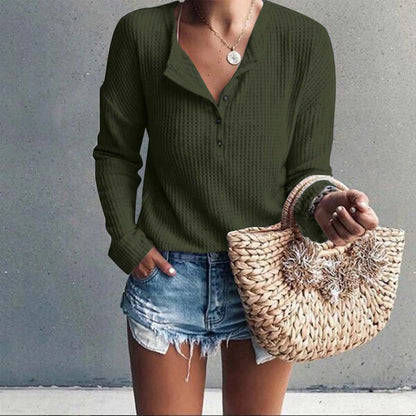 Womens Waffle Knit Tunic Top Long Sleeve V Neck Button up Casual Tops Ribbed Solid Color Henley T Shirts Blouse