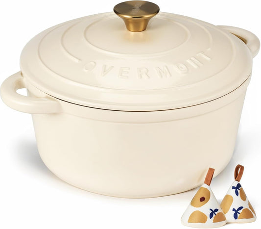 Discover the Overmont Enameled Cast Iron Dutch Oven - 5.5QT Heavy-Duty Cookware with Lid for Perfect Braising, Stews, Roasting, and Bread Baking in Elegant Cream White
