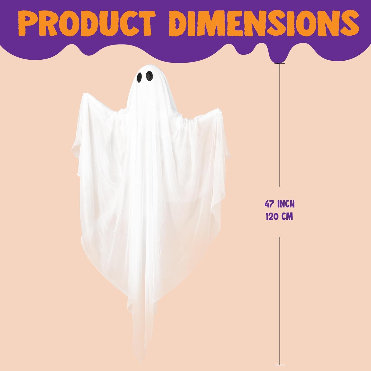 Halloween Hanging Light up Ghost with Spooky Warm White LED Light, 47” 