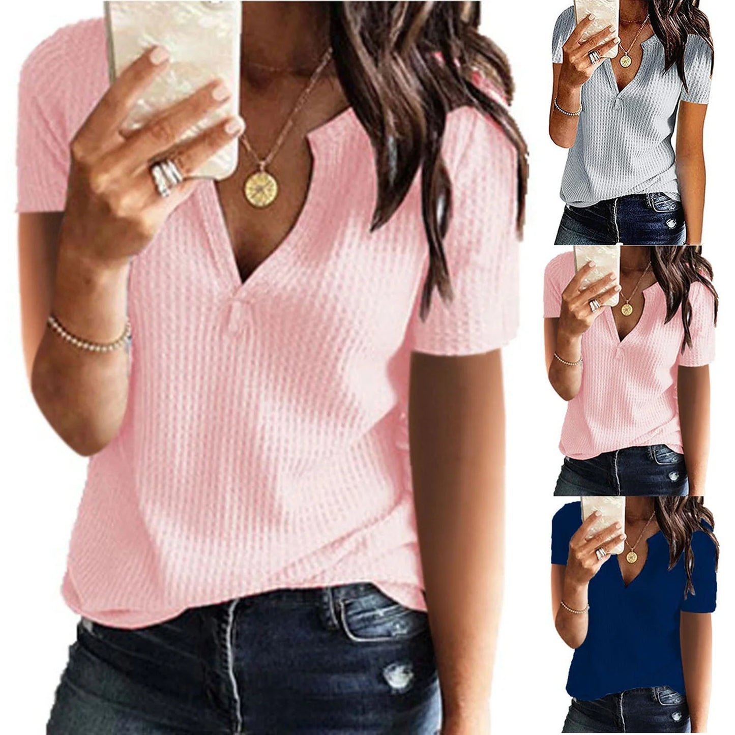 Womens Waffle Knit Tunic Top Long Sleeve V Neck Button up Casual Tops Ribbed Solid Color Henley T Shirts Blouse