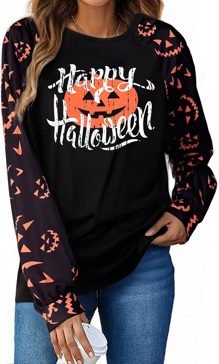 Halloween Shirt Pumpkin Face Graphic Womens Long Sleeve Shirts Crewneck Tops