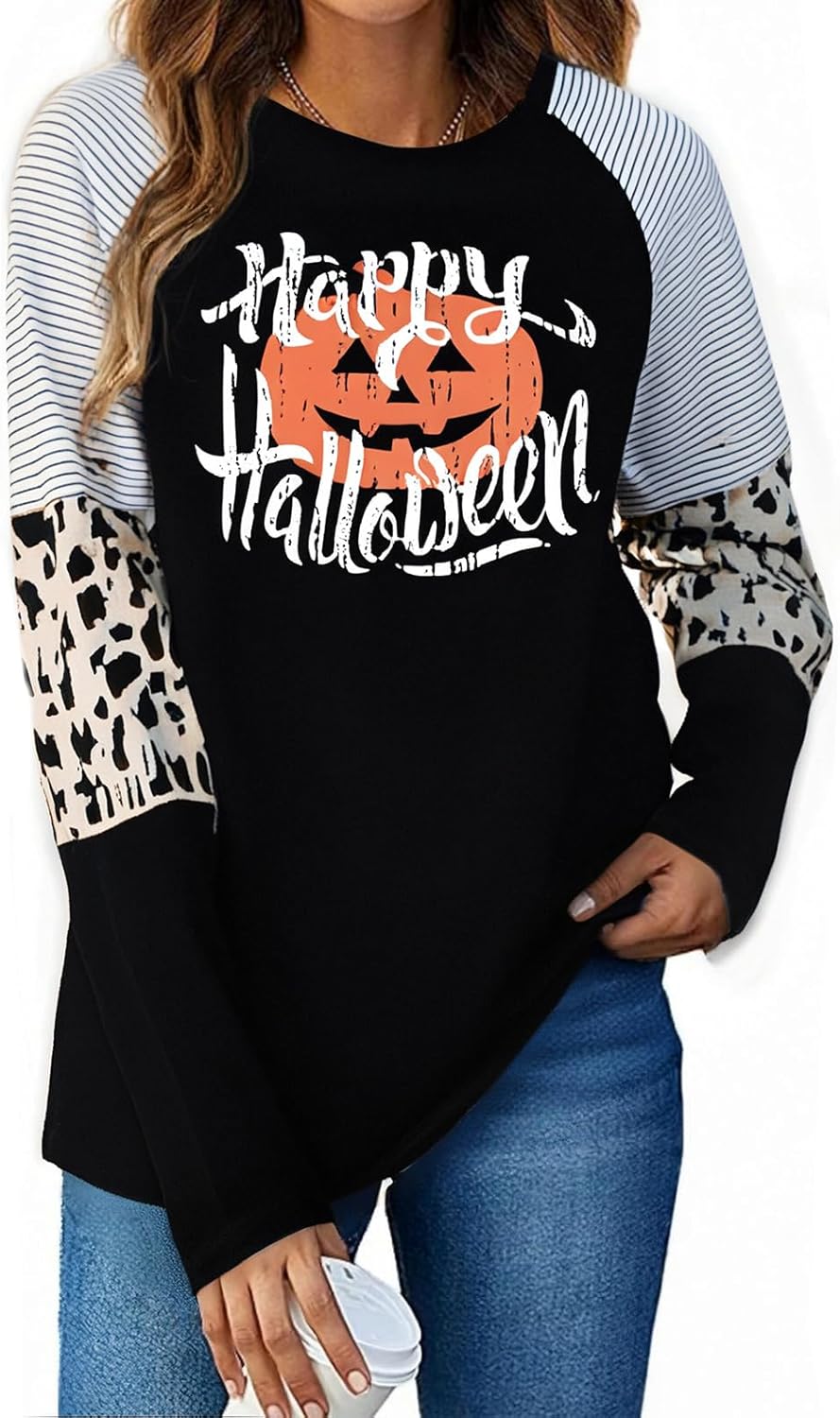 Halloween Shirt Pumpkin Face Graphic Womens Long Sleeve Shirts Crewneck Tops