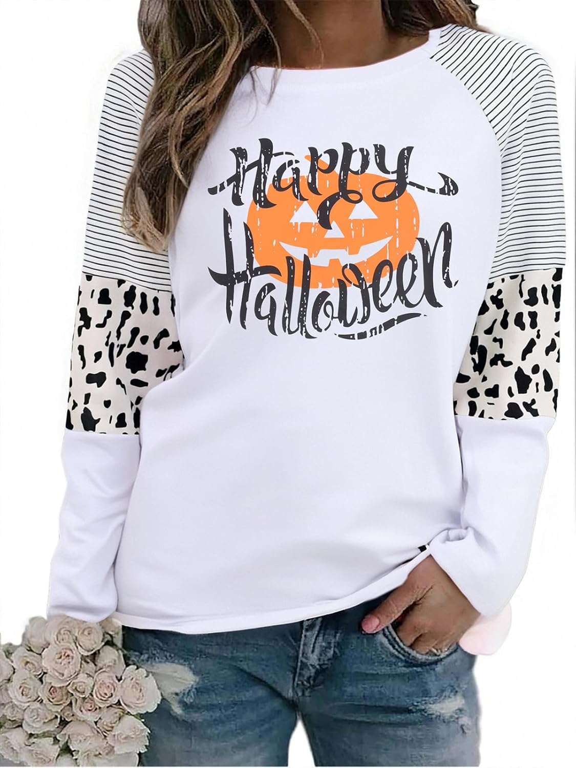 Halloween Shirt Pumpkin Face Graphic Womens Long Sleeve Shirts Crewneck Tops