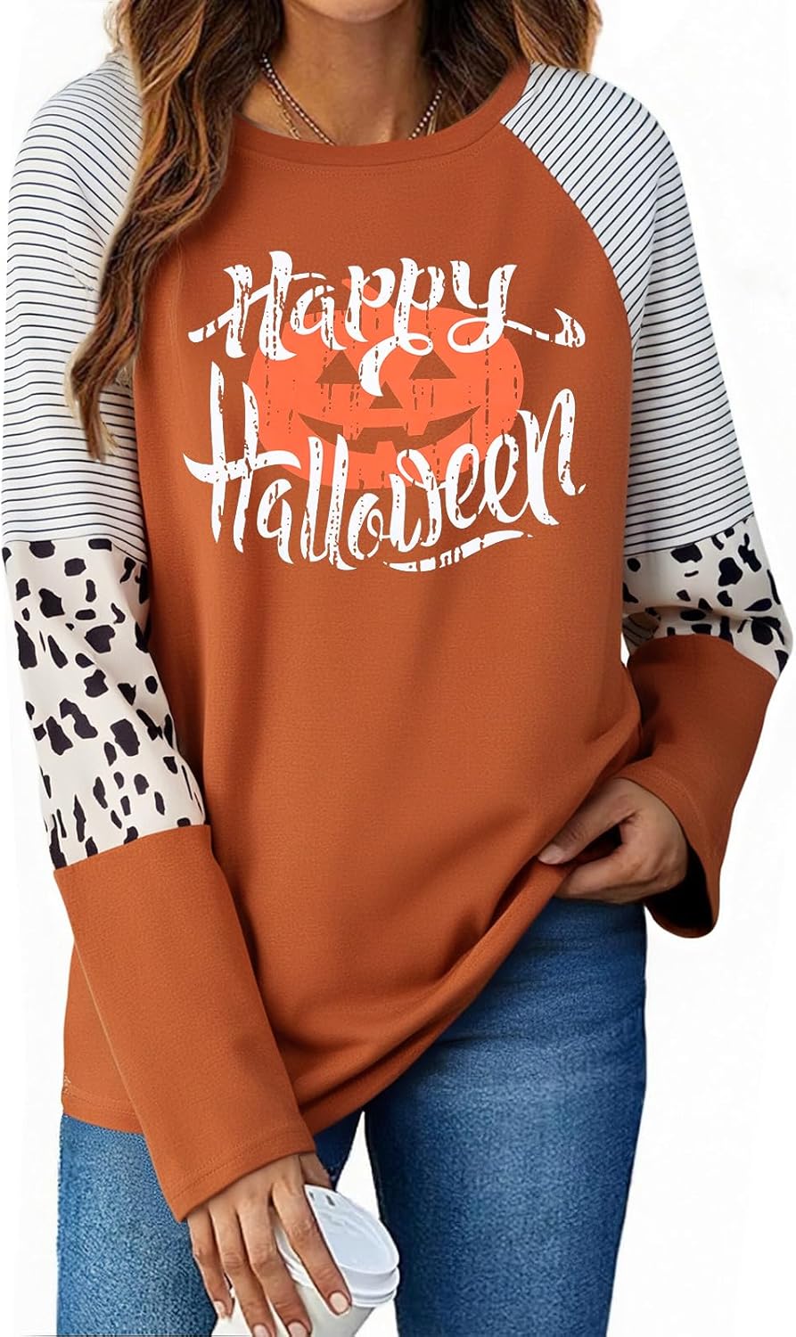 Halloween Shirt Pumpkin Face Graphic Womens Long Sleeve Shirts Crewneck Tops