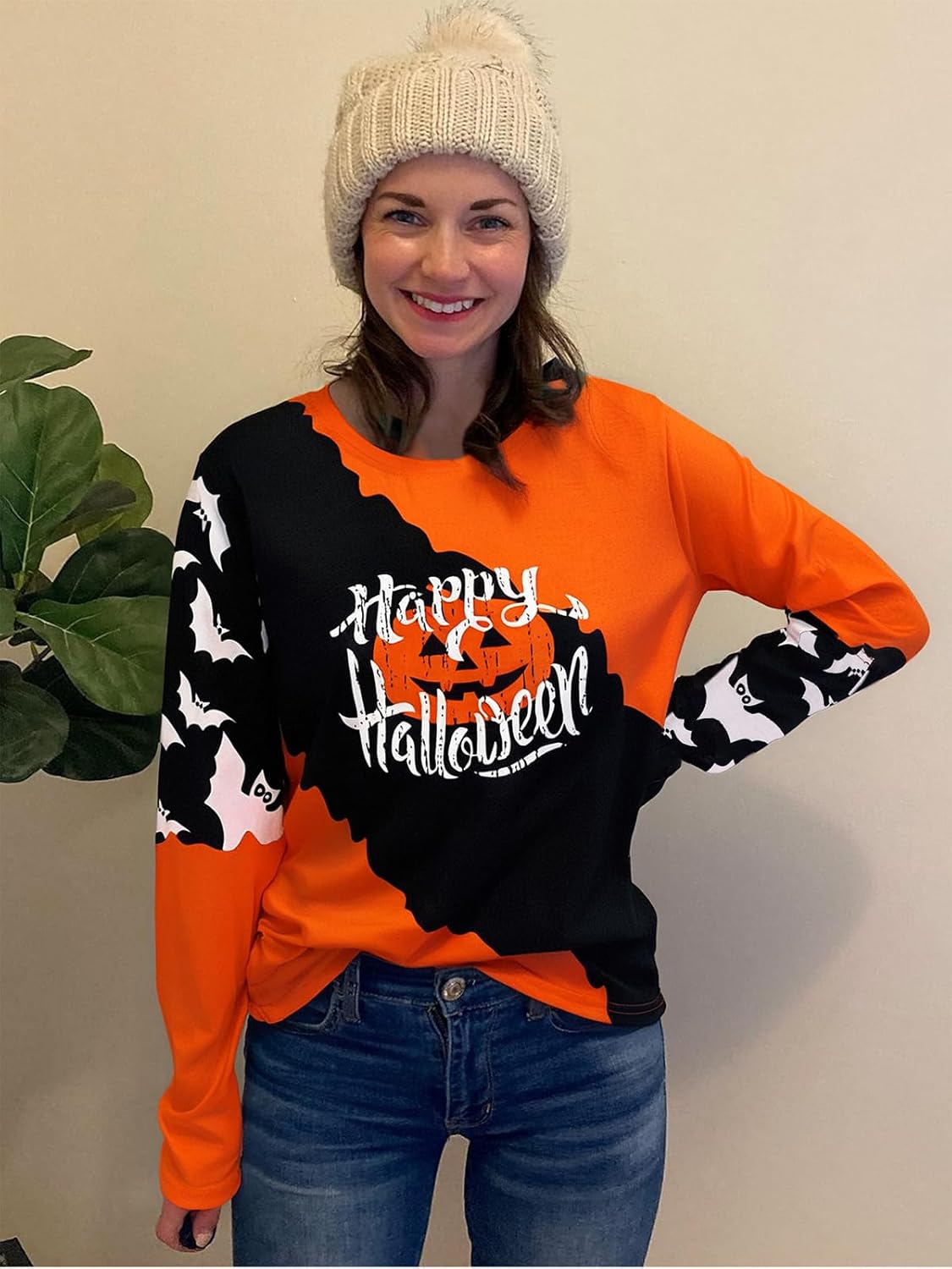 Halloween Shirt Pumpkin Face Graphic Womens Long Sleeve Shirts Crewneck Tops