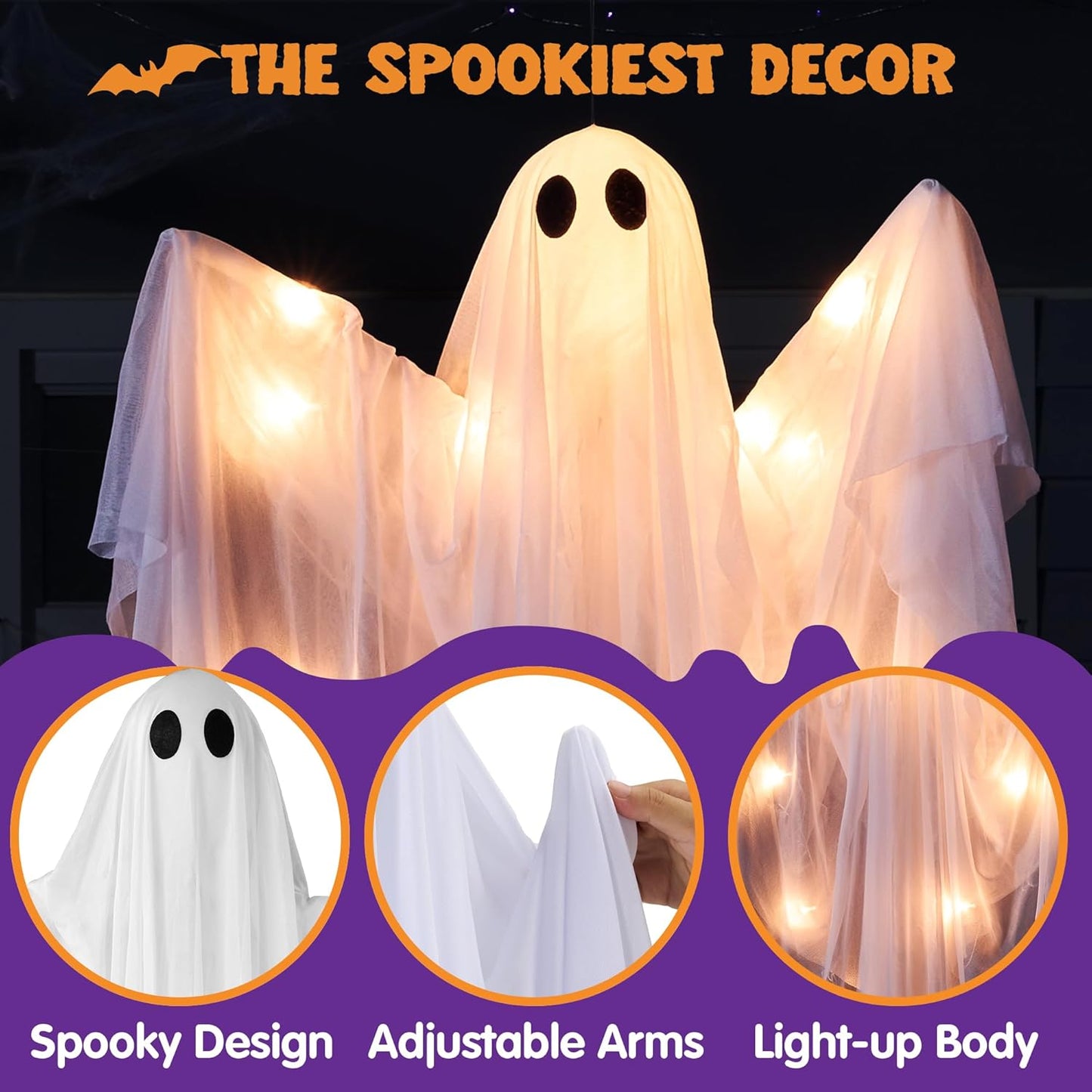 Halloween Hanging Light up Ghost with Spooky Warm White LED Light, 47” 