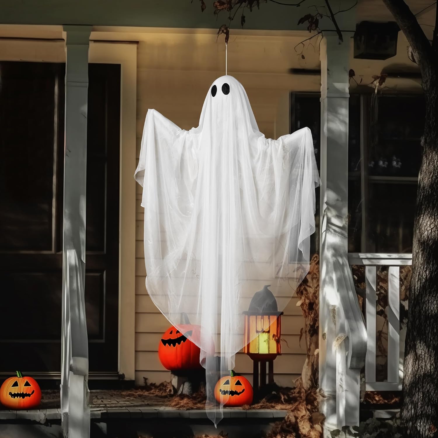 Halloween Hanging Light up Ghost with Spooky Warm White LED Light, 47” 