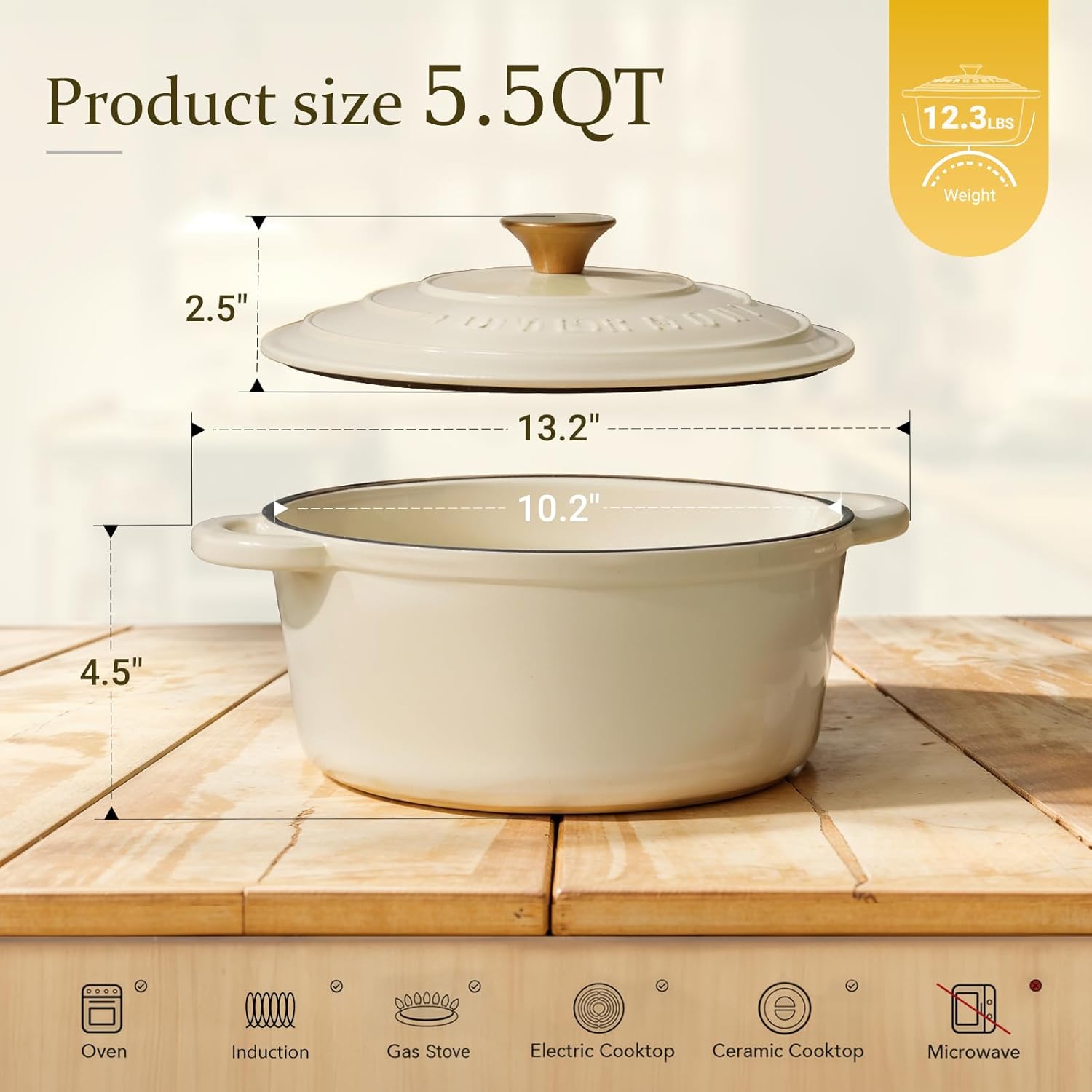 Discover the Overmont Enameled Cast Iron Dutch Oven - 5.5QT Heavy-Duty Cookware with Lid for Perfect Braising, Stews, Roasting, and Bread Baking in Elegant Cream White