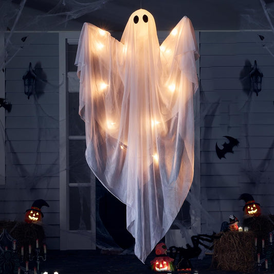 Halloween Hanging Light up Ghost with Spooky Warm White LED Light, 47” 