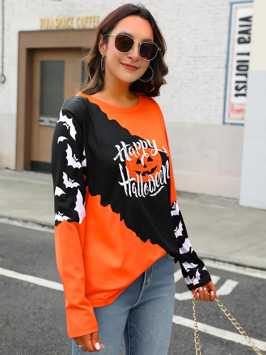 Halloween Shirt Pumpkin Face Graphic Womens Long Sleeve Shirts Crewneck Tops