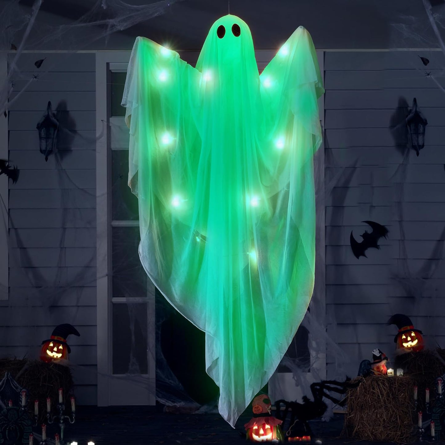Halloween Hanging Light up Ghost with Spooky Warm White LED Light, 47” 