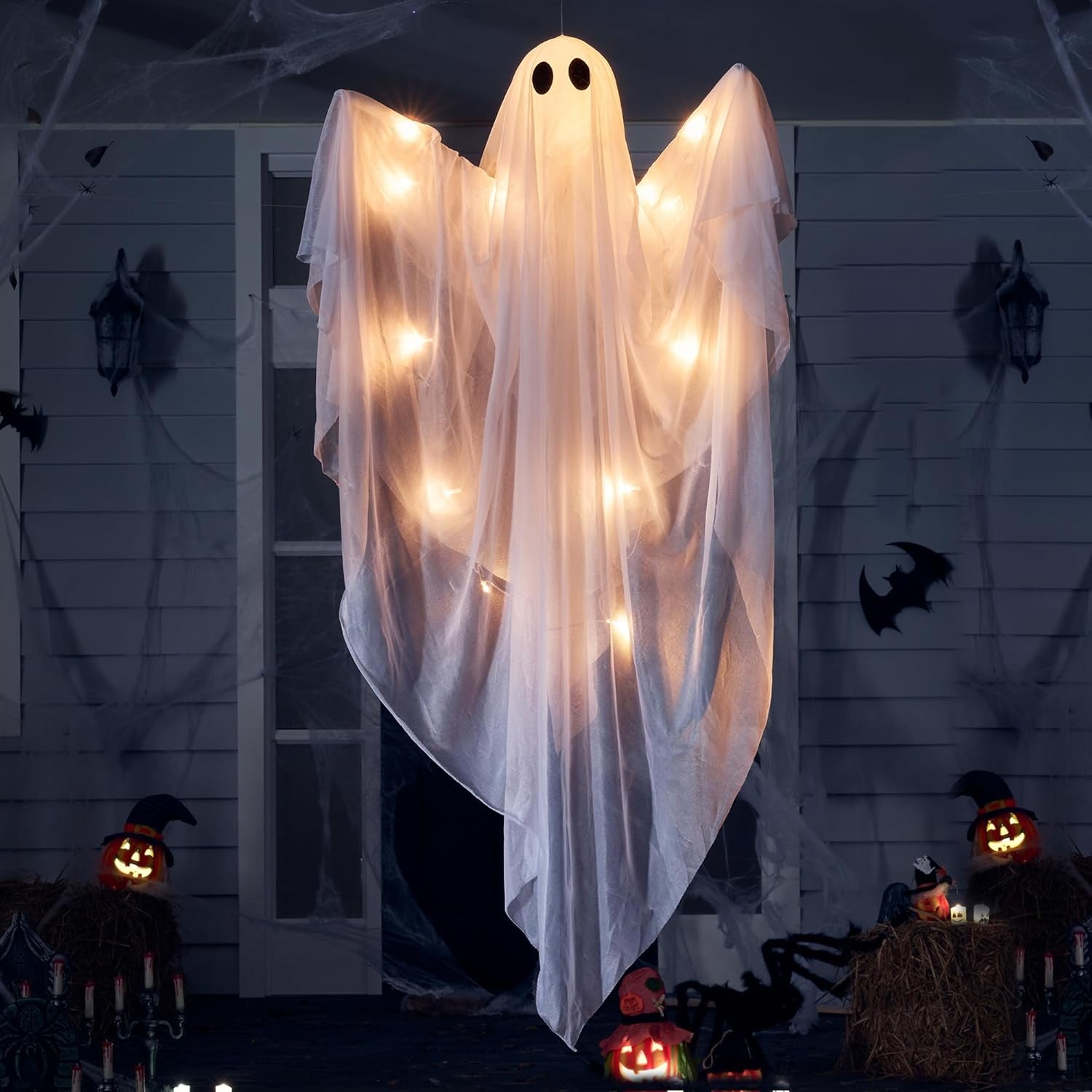Halloween Hanging Light up Ghost with Spooky Warm White LED Light, 47” 