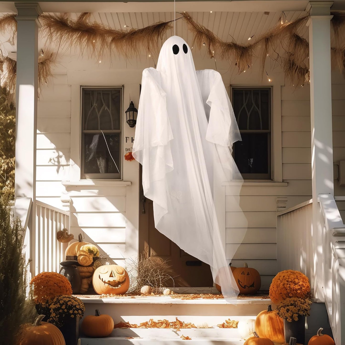Halloween Hanging Light up Ghost with Spooky Warm White LED Light, 47” 