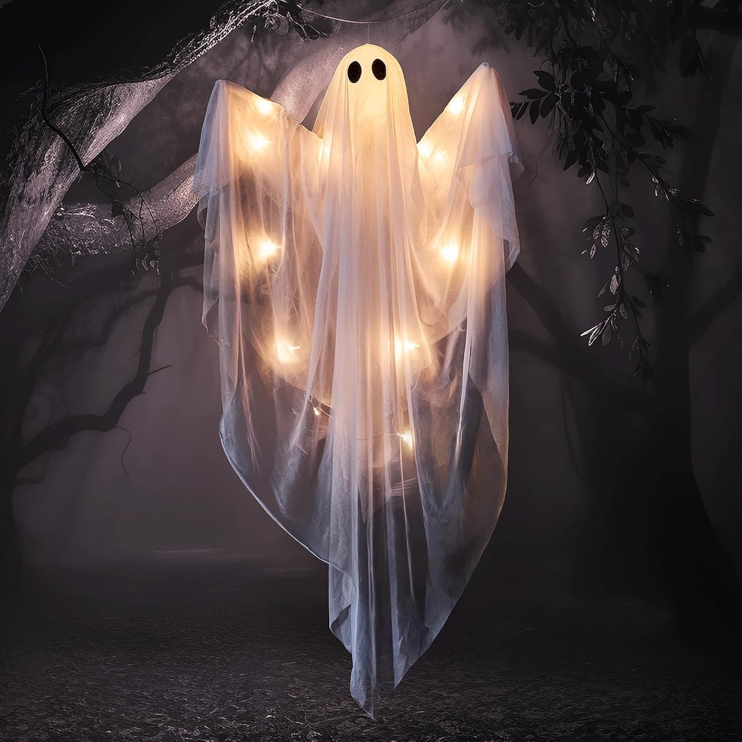 Halloween Hanging Light up Ghost with Spooky Warm White LED Light, 47” 