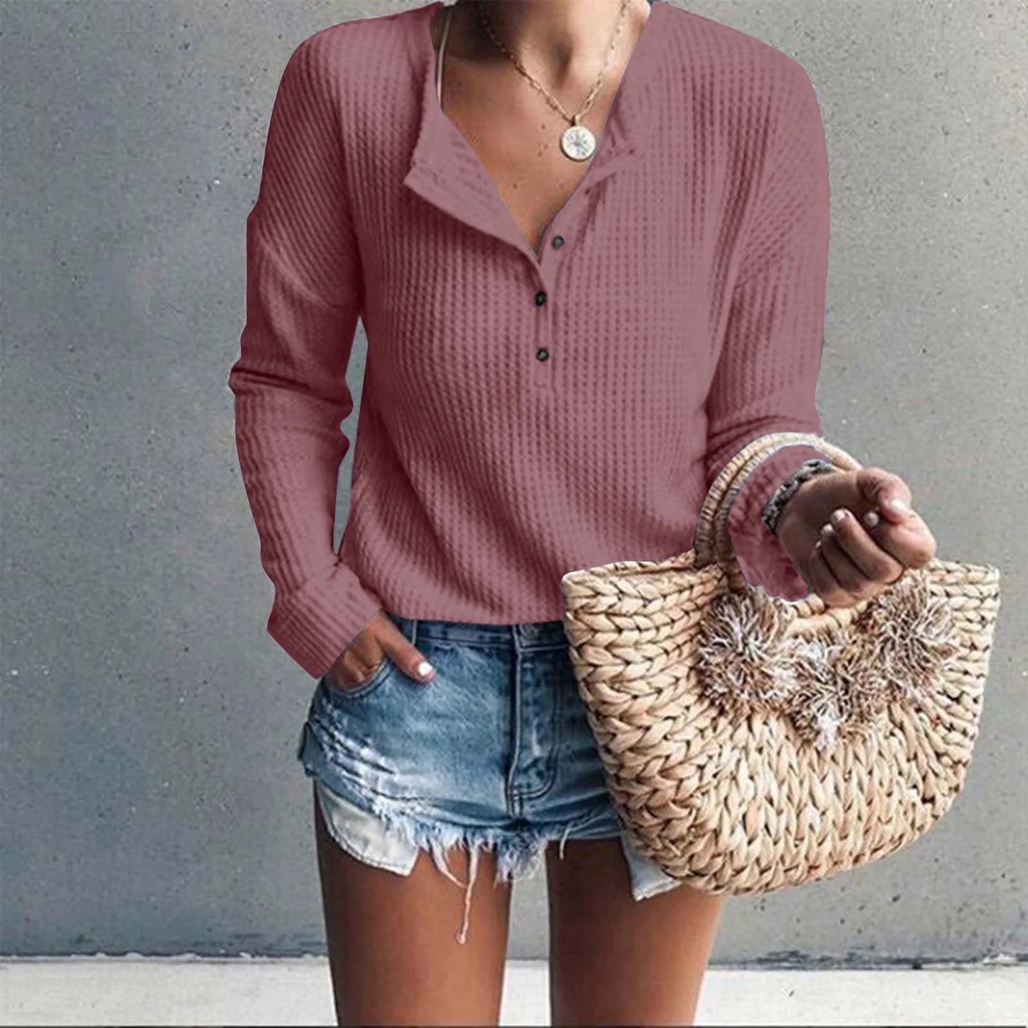Womens Waffle Knit Tunic Top Long Sleeve V Neck Button up Casual Tops Ribbed Solid Color Henley T Shirts Blouse