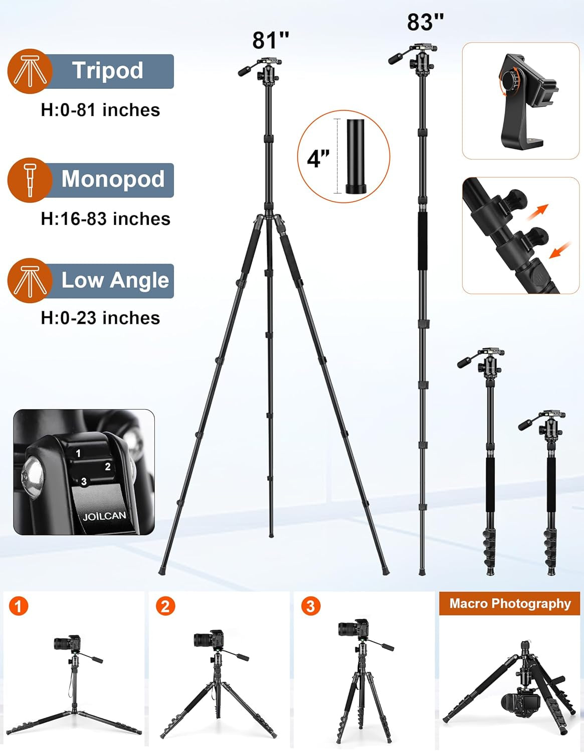 Camera Tripod, 83" Aluminum Tripods & Monopods with Metal Handle, Heavy Duty Tripod for DSLR Camera Lasers Binoculars Telescope Spotting Scope, Payload 35Lb