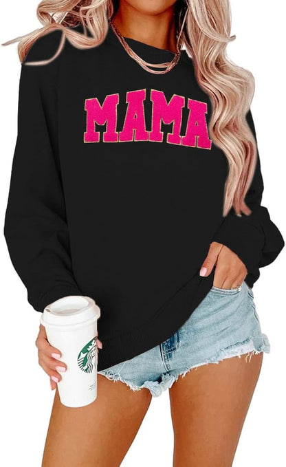 Womens Crewneck Sweatshirt Mama Letter Print Long Sleeve Loose Fashion Pullover Top