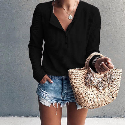 Womens Waffle Knit Tunic Top Long Sleeve V Neck Button up Casual Tops Ribbed Solid Color Henley T Shirts Blouse