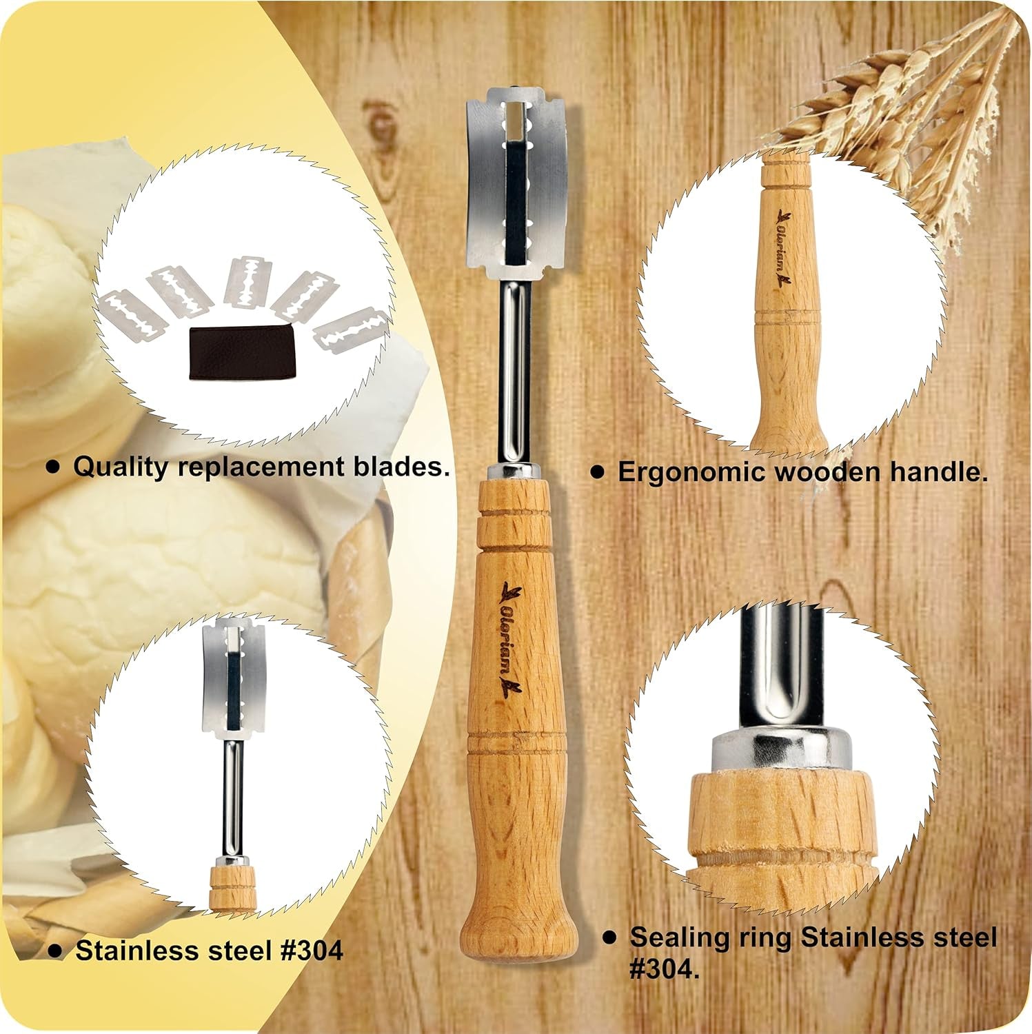 Danish Dough Whisk Pastry Mixer and Bread Lame Tool Set, Hand Crafted Dough Scoring with Five Replaceable Blades by  - Premium Stainless Steel Mixer - Ideal for Artisan Bread Baking