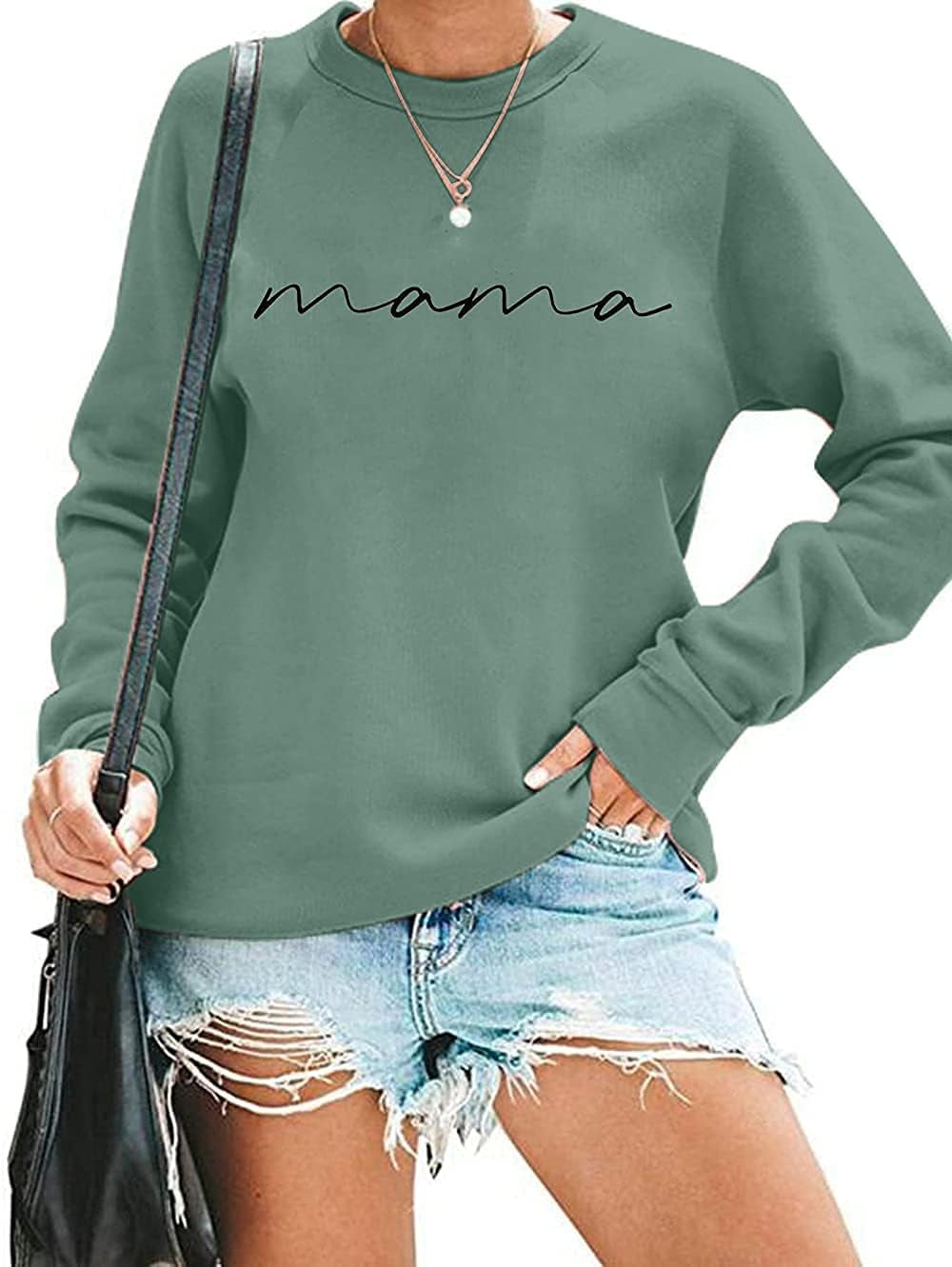 Womens Crewneck Sweatshirt Mama Letter Print Long Sleeve Loose Fashion Pullover Top