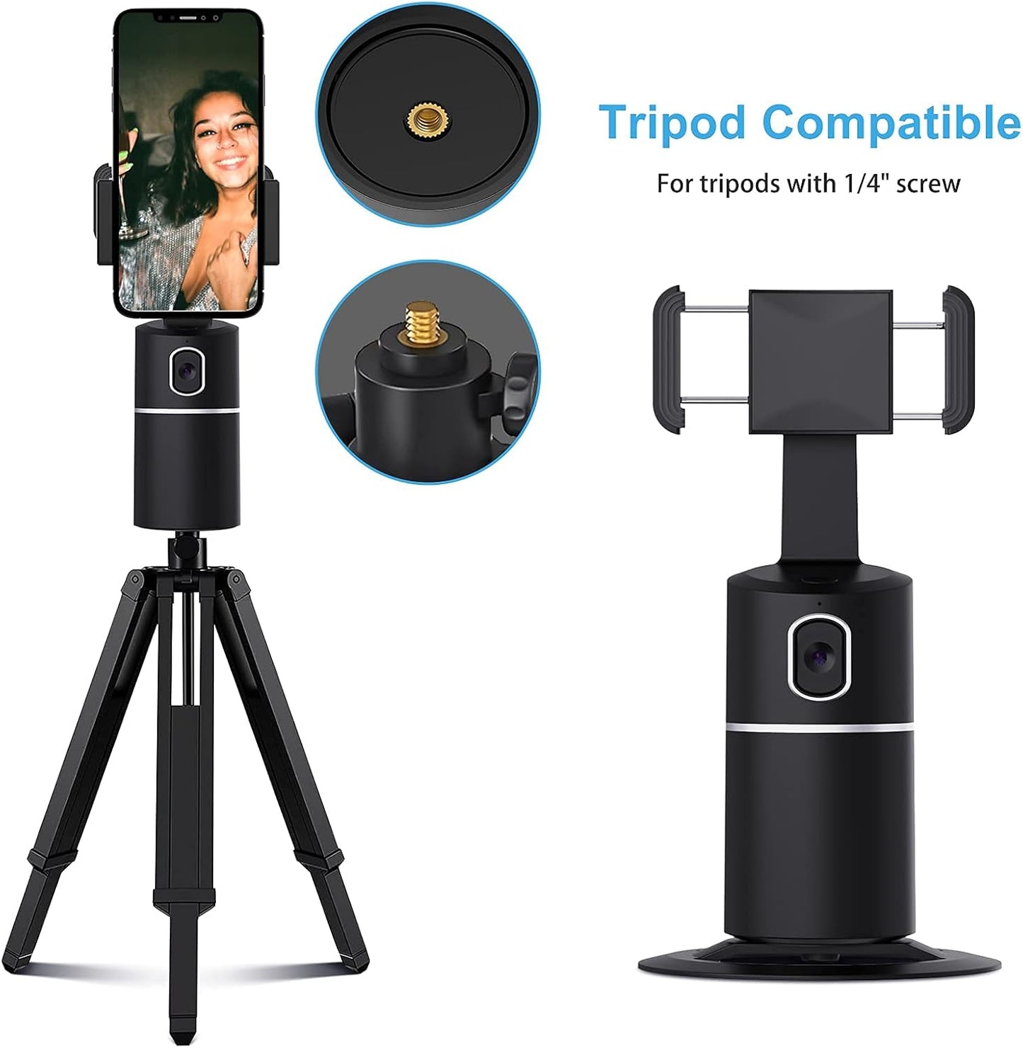 Auto Face Tracking Phone Holder 360 Tripod Phone Or Camera Mount, Selfie Stick No App, Battery Operated Smart Shooting Holder for Live Vlog Shooting (Black)