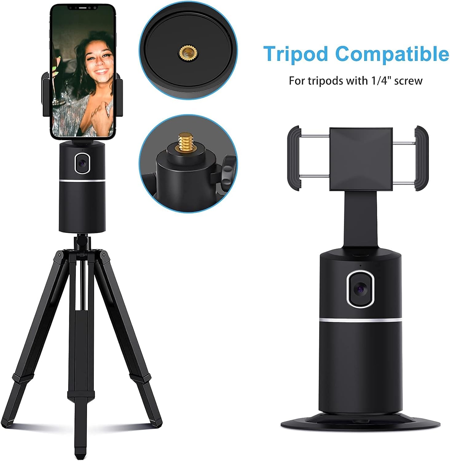 Auto Face Tracking Phone Holder 360 Tripod Phone Or Camera Mount, Selfie Stick No App, Battery Operated Smart Shooting Holder for Live Vlog Shooting (Black)