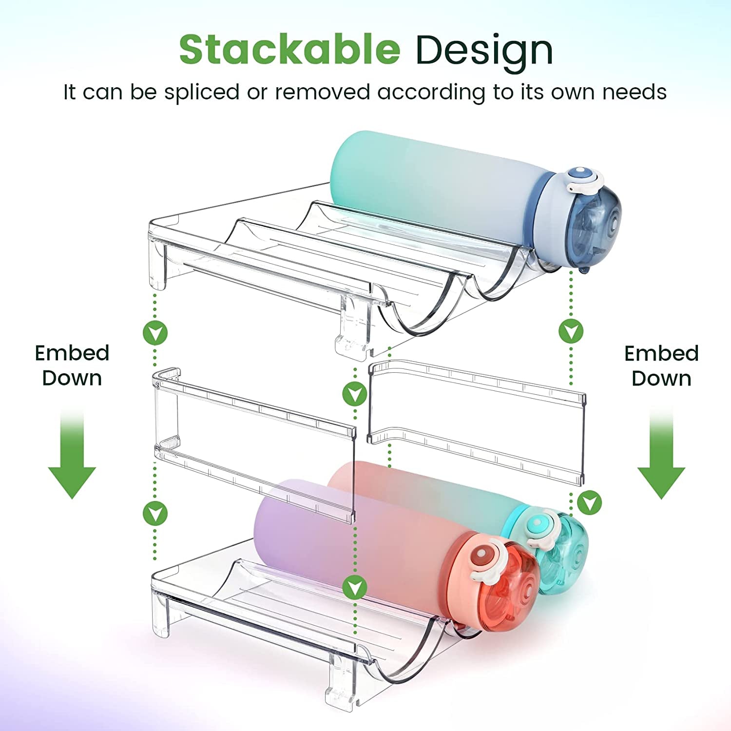Effortless Water Bottle Organization: Stackable 2-Pack Storage Rack for Cabinets and Refrigerators