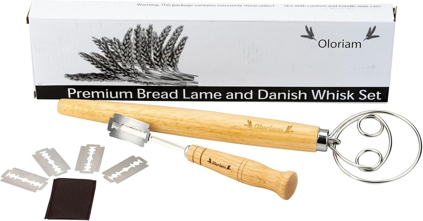Danish Dough Whisk Pastry Mixer and Bread Lame Tool Set, Hand Crafted Dough Scoring with Five Replaceable Blades by  - Premium Stainless Steel Mixer - Ideal for Artisan Bread Baking