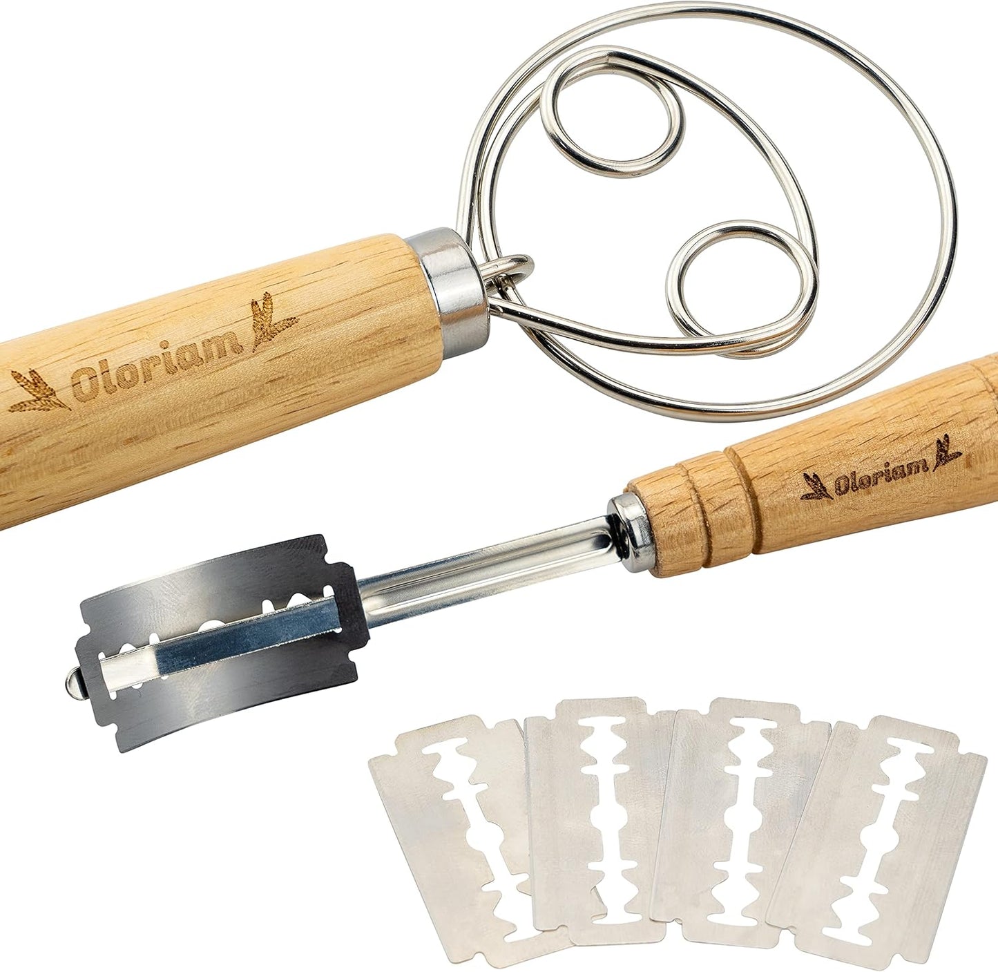 Danish Dough Whisk Pastry Mixer and Bread Lame Tool Set, Hand Crafted Dough Scoring with Five Replaceable Blades by  - Premium Stainless Steel Mixer - Ideal for Artisan Bread Baking
