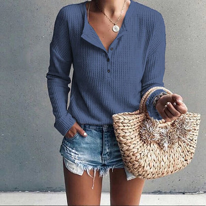 Womens Waffle Knit Tunic Top Long Sleeve V Neck Button up Casual Tops Ribbed Solid Color Henley T Shirts Blouse