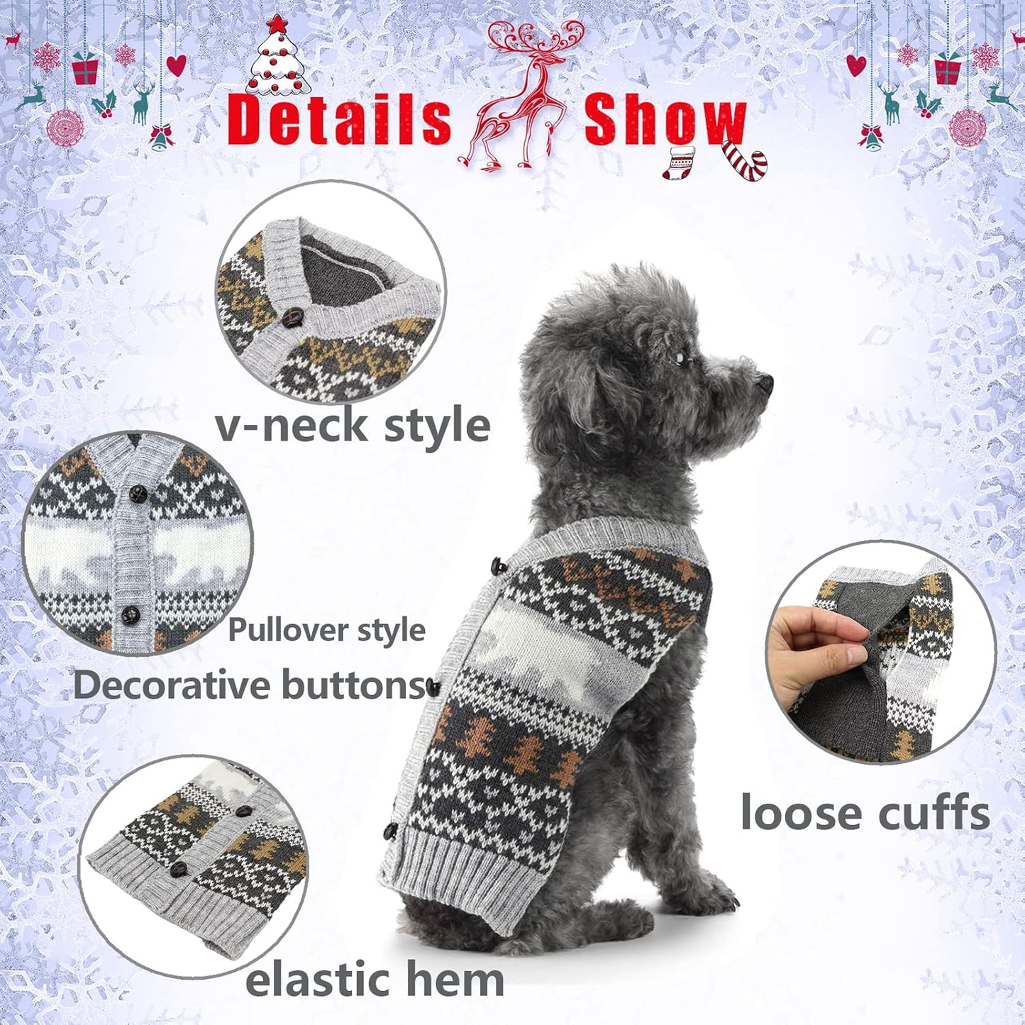Adorable Classic Argyle Knitted Dog Christmas Sweater – Cozy Holiday Outfit for Small to Large Dogs and Cats in Festive Grey
